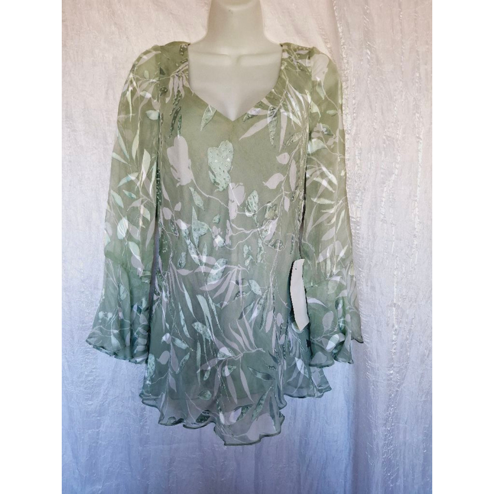 Jeanne Alexander Blouse - Green Floral - Size M 100% silk vintage NWT beaded